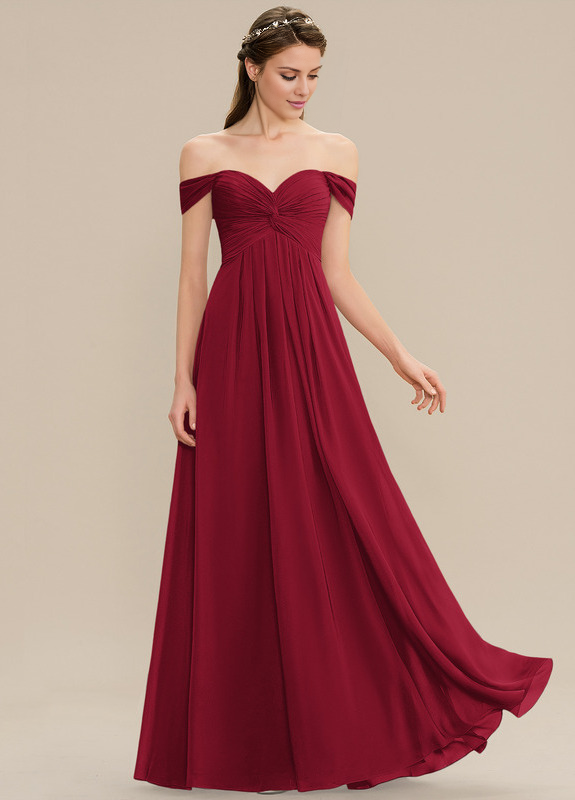 Vestido de dama de honor de gasa con volantes, corte A, hombros descubiertos y largo hasta el suelo