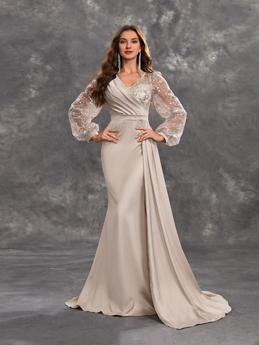 Vestidos de noche tipo godons con mangas de linterna, cuerpo envuelto y empalme hasta el suelo