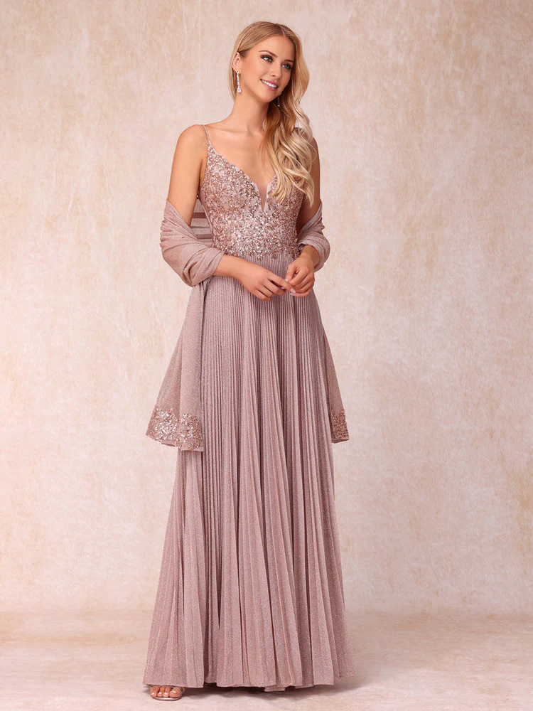 Blushing Pink Glitter A-Line Floor-Length Evening Gown | Sequined Bodice & Plunging V-Neck