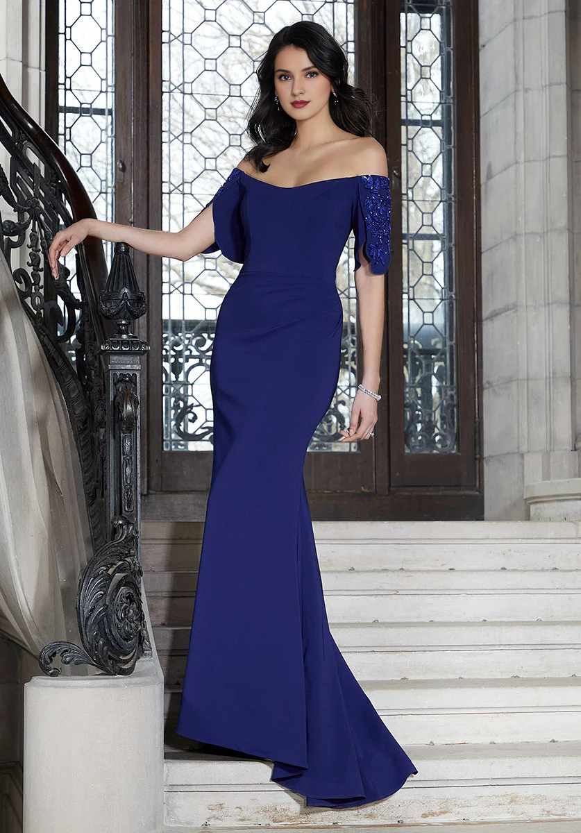 Off shoulder collar low round neck beaded sleeves and floor length godons evening dresses