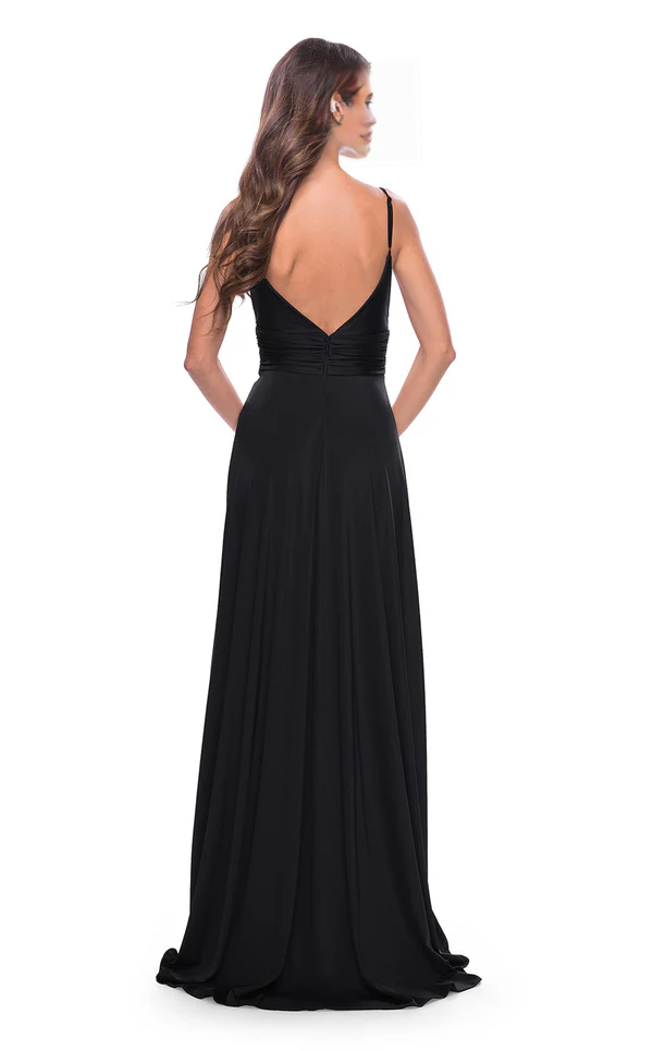 Black Chiffon A-Line V-Neck Floor-Length Evening Dress with Ruched Bodice & High Slit
