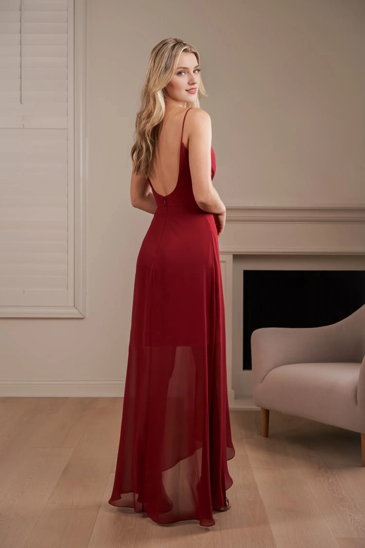 Vestido de dama de honor de gasa de poliéster con corte en A, escote en V, tirantes finos y espalda redonda en forma de U