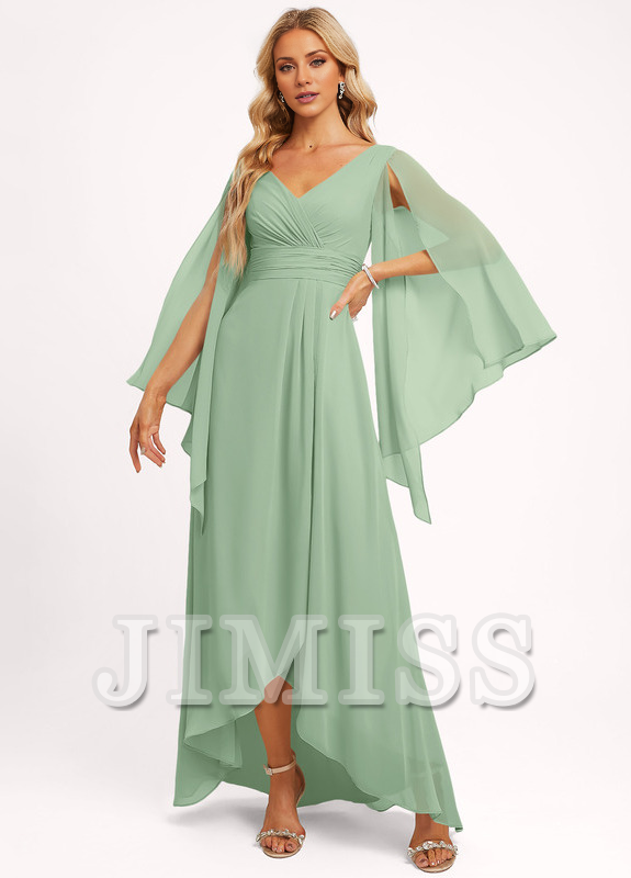 Vestido de dama de honor asimétrico de gasa con escote en V y volantes en forma de A