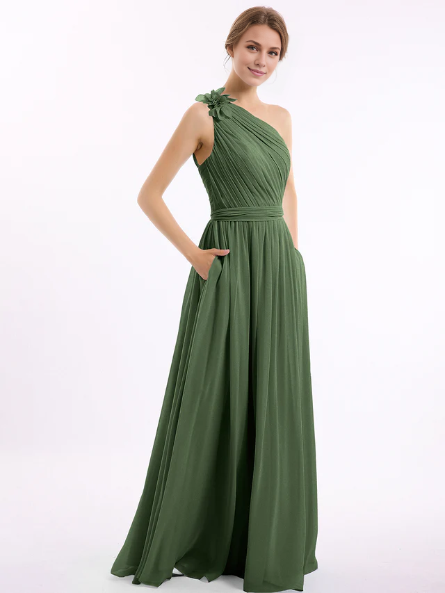 Chiffon One-Shoulder Ruched Bodice Pocketed A-Line Floor-Length Bridesmaid Dresses