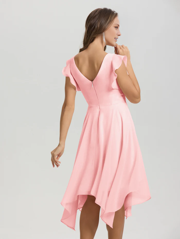 Lotus leaf edge sleeve V-neck asymmetrical tea long chiffon tea long bridesmaid dress