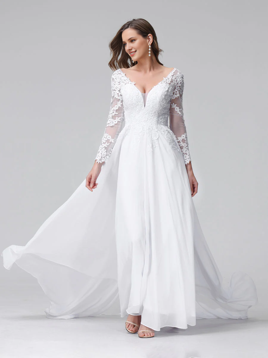 Vestido de novia largo de gasa con apliques de encaje, manga larga y escote en V en forma de A