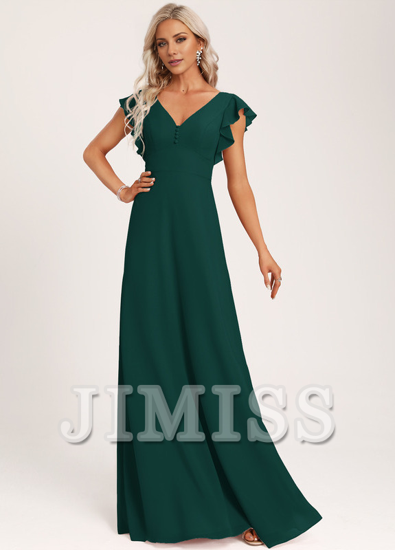 Vestido de dama de honor de gasa con volantes, escote en V y largo hasta el suelo