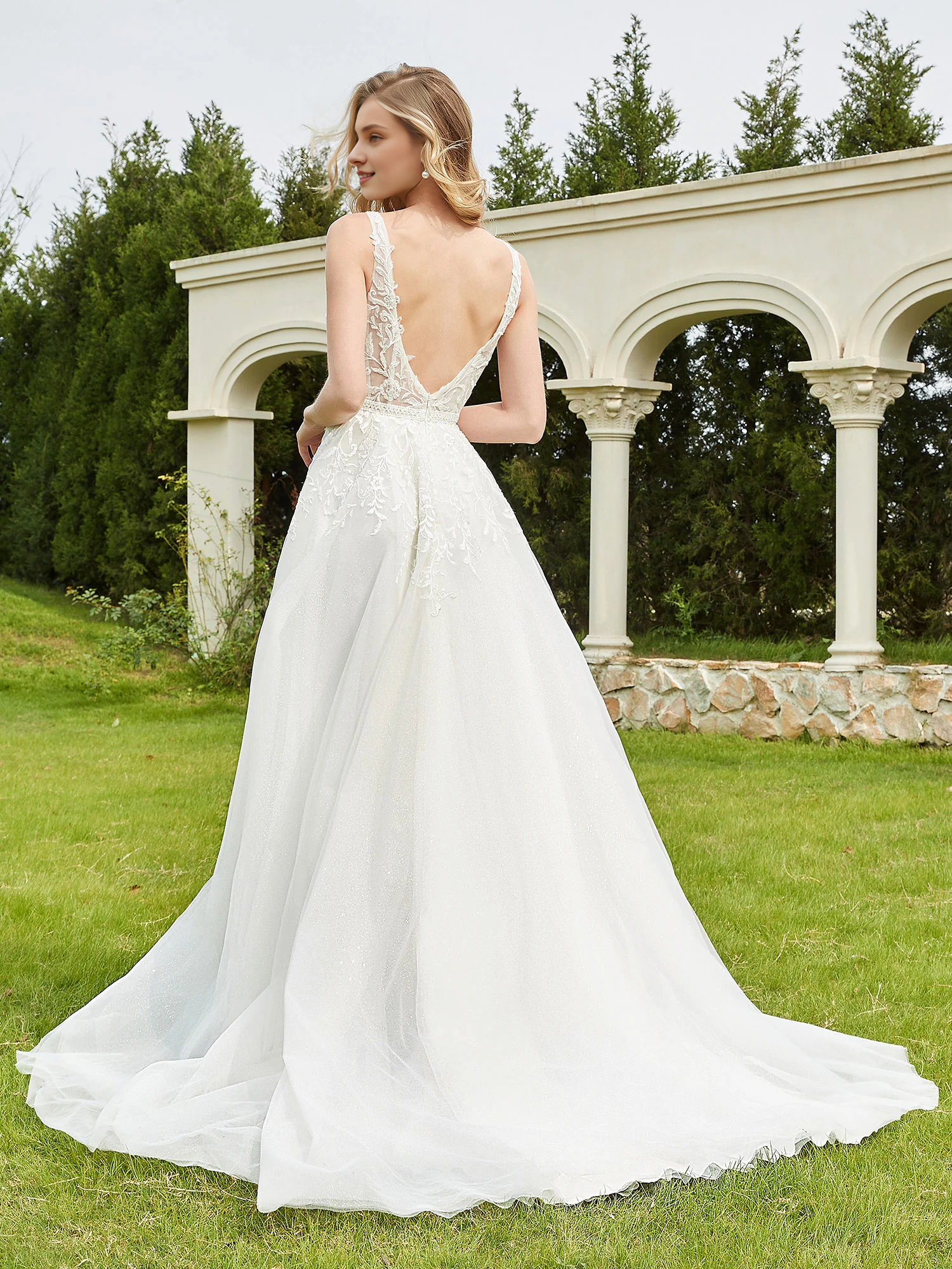 Ivory Lace A-Line V-Neck Floor-Length Bridesmaid Dress