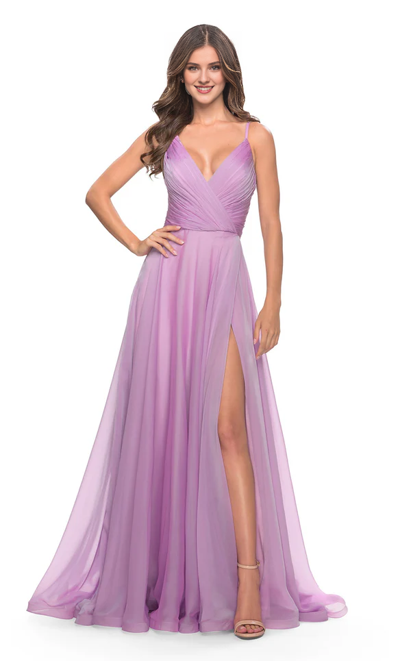 Forest Green Chiffon A-Line V-Neck Floor-Length Bridesmaid Dress with Ruched Bodice and High Slit