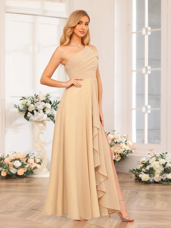 Chiffon One-Shoulder Short Sleeve Ruched Bodice Ruffled High-Slit A-Line Floor-Length Champagne Bridesmaid Dresses