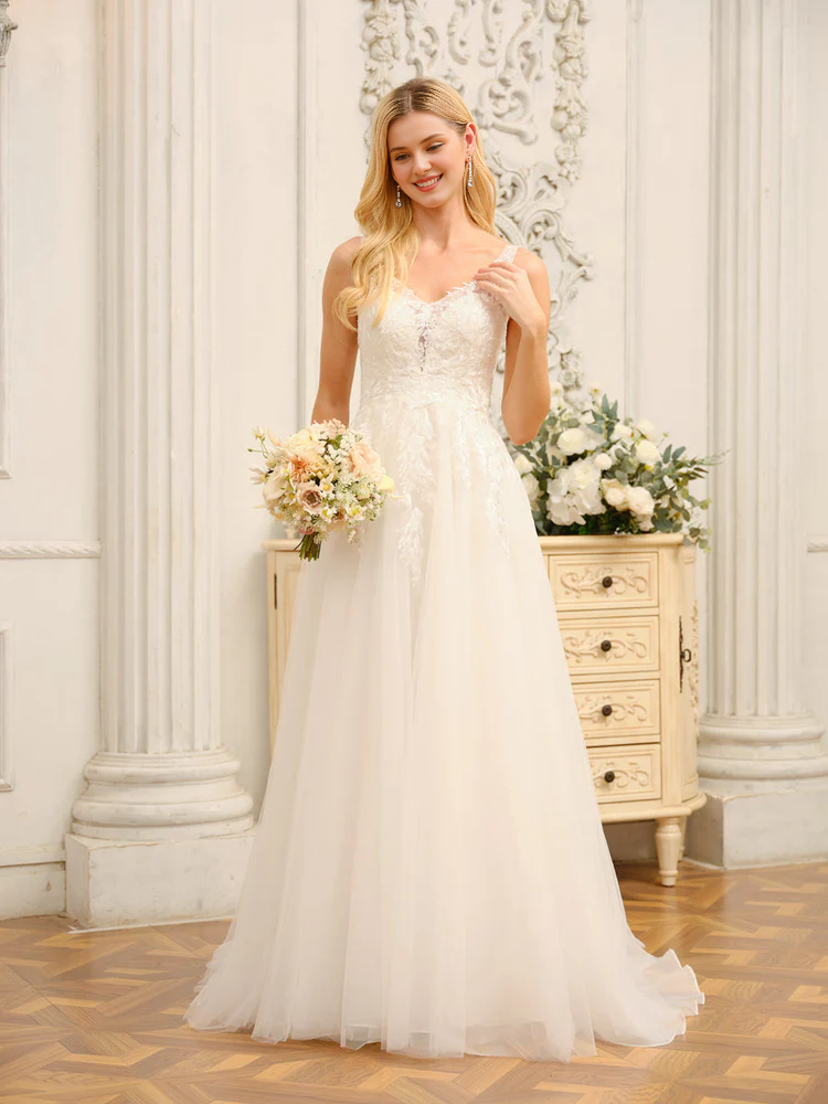 A-Line Floor-Length Bridesmaid Dress with V-Neck + Lace Bodice + Tulle Skirt