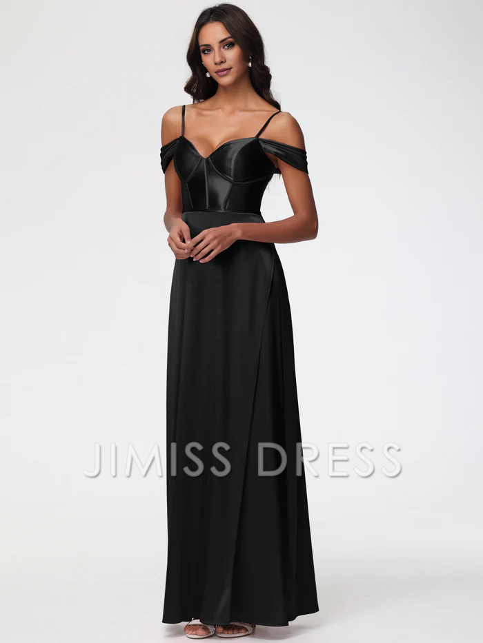 Vestido de fiesta largo de satén con tirantes finos y escote en forma de corazón y hombros descubiertos de Jimiss