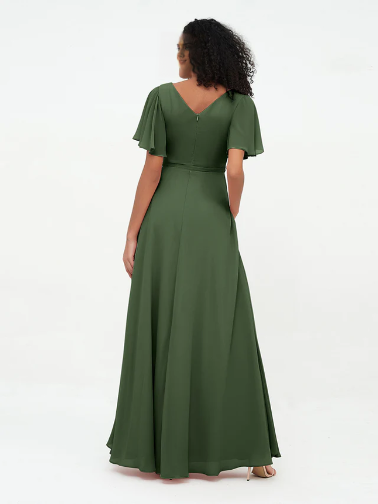 Olive Green A-Line Floor-Length Bridesmaid Dress with Flutter Sleeves & Boat Neckline | Jimiss