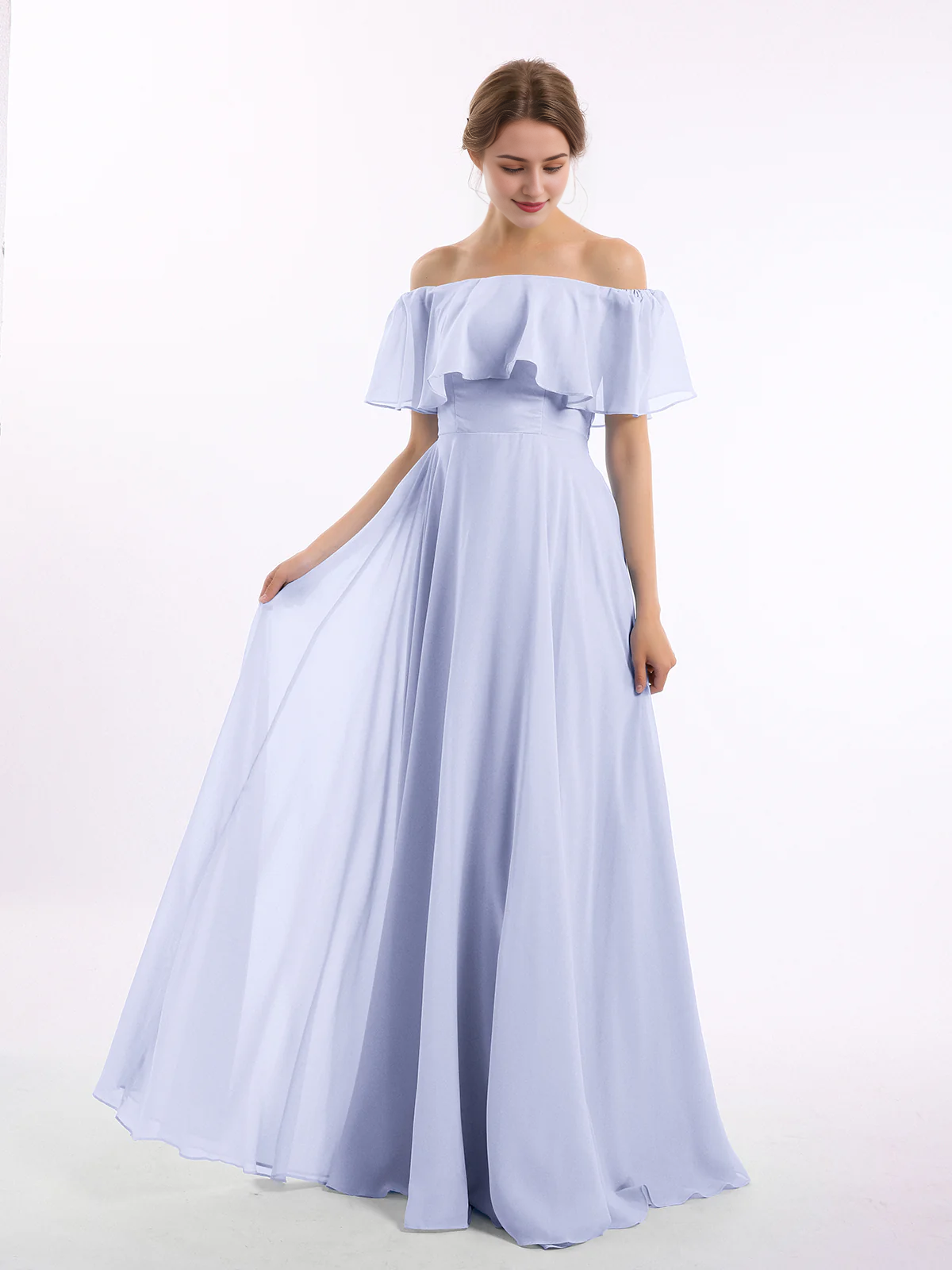 Sage Green Chiffon A-Line Off-the-Shoulder Floor-Length Bridesmaid Dress