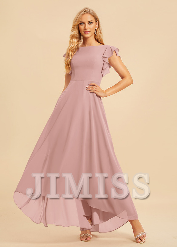 Vestido de dama de honor asimétrico de gasa con escote en A y volantes