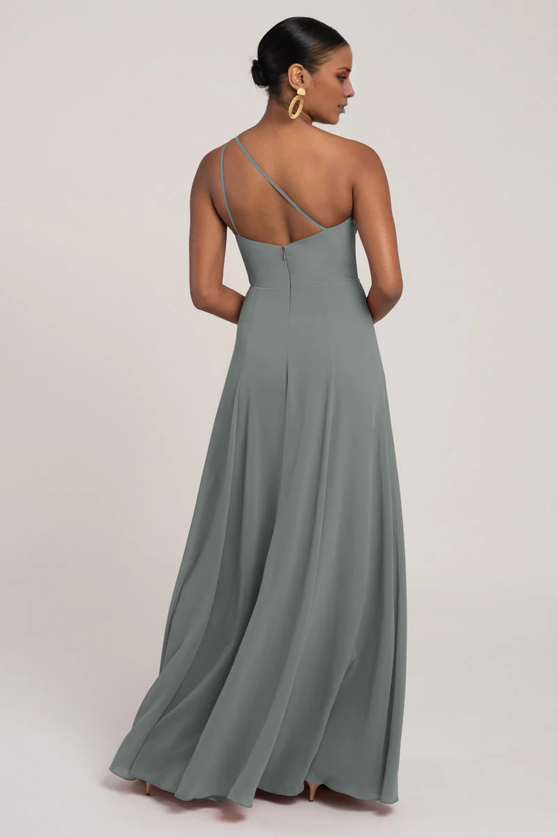 Vestido de fiesta Jimiss con cuello asimétrico, hombros descubiertos, sin mangas, espalda descubierta, abertura lateral y largo hasta el suelo