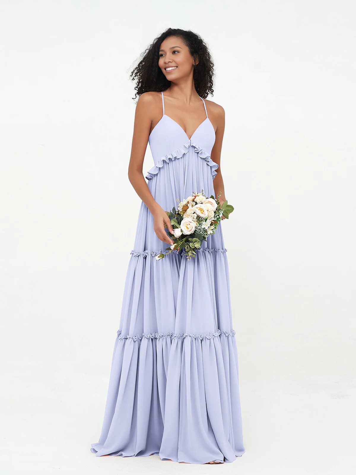 Sage Green Chiffon Tiered Floor-Length Dress with V-Neck and Ruffle Trim