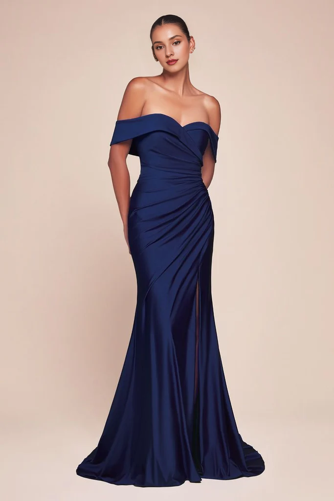Elegant Slate Blue Satin A-Line Floor-Length Off-the-Shoulder Dress with Draped Bodice and High Slit