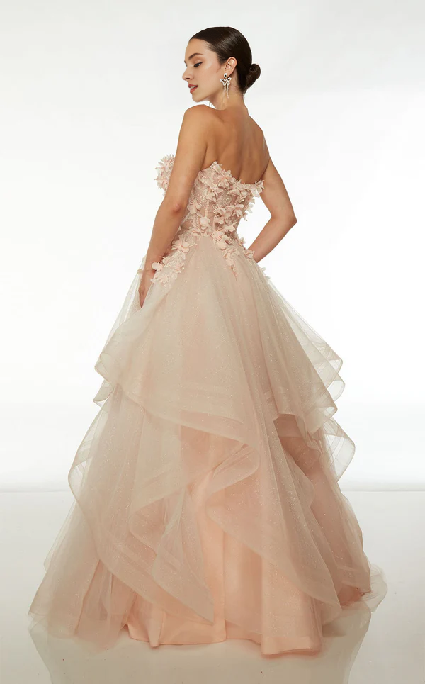 Abito da ballo a trapezio, senza spalline, con scollo a V e spalle scoperte, lungo fino a terra