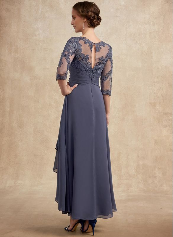 Slate Blue Chiffon A-Line Asymmetrical Evening Dress with Lace Bodice and Boat Neck
