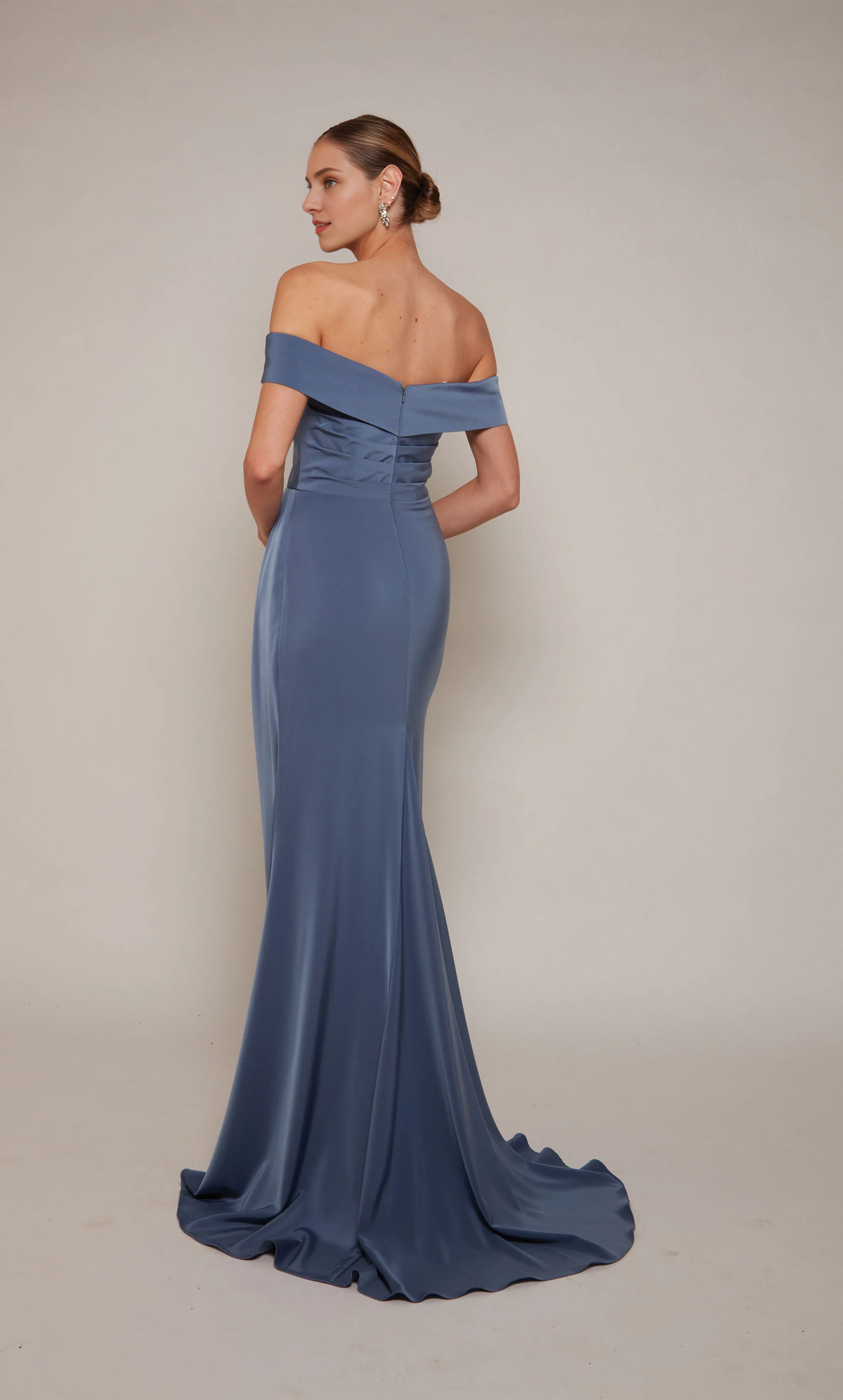 Dusty Blue Satin Off-the-Shoulder Floor-Length Gown with Draped Bodice