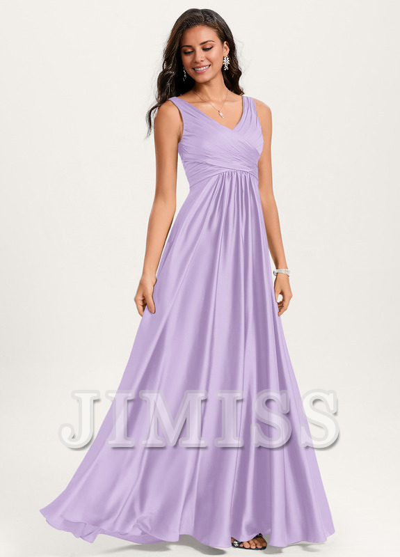 Vestido de dama de honor de satén con volantes, escote en V y largo hasta el suelo