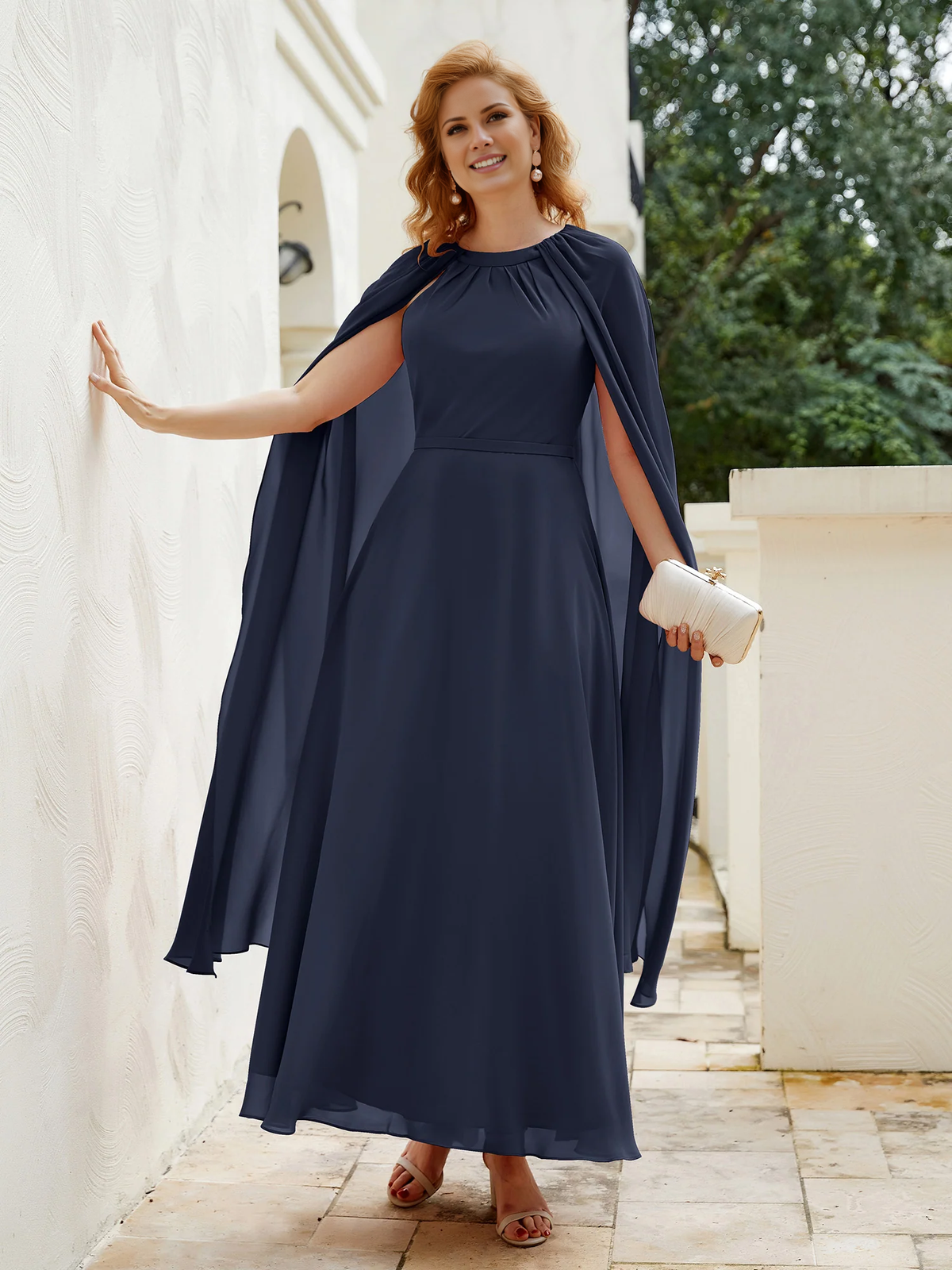 Olive Green Chiffon A-Line Bridesmaid Dress with High Neck & Integrated Cape
