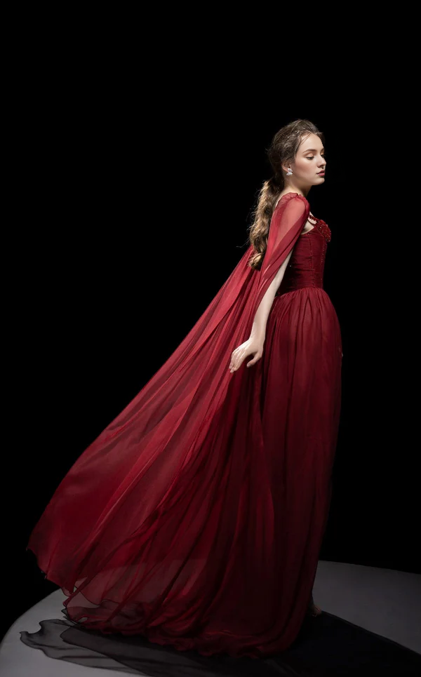 Burgundy Chiffon A-Line Floor-Length Dress with Beaded Sweetheart Bodice and Cape Sleeves