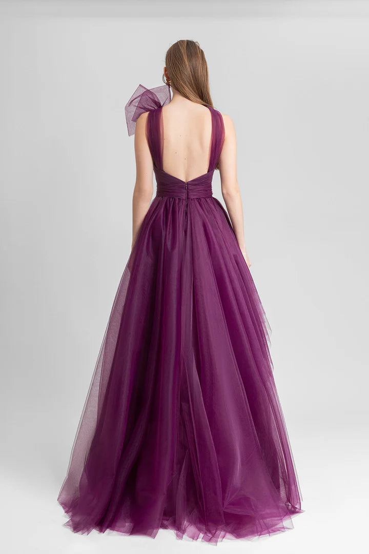 Mulberry Tulle A-Line Asymmetrical Halter Neckline Evening Dress with Bow and Multi-layered Skirt