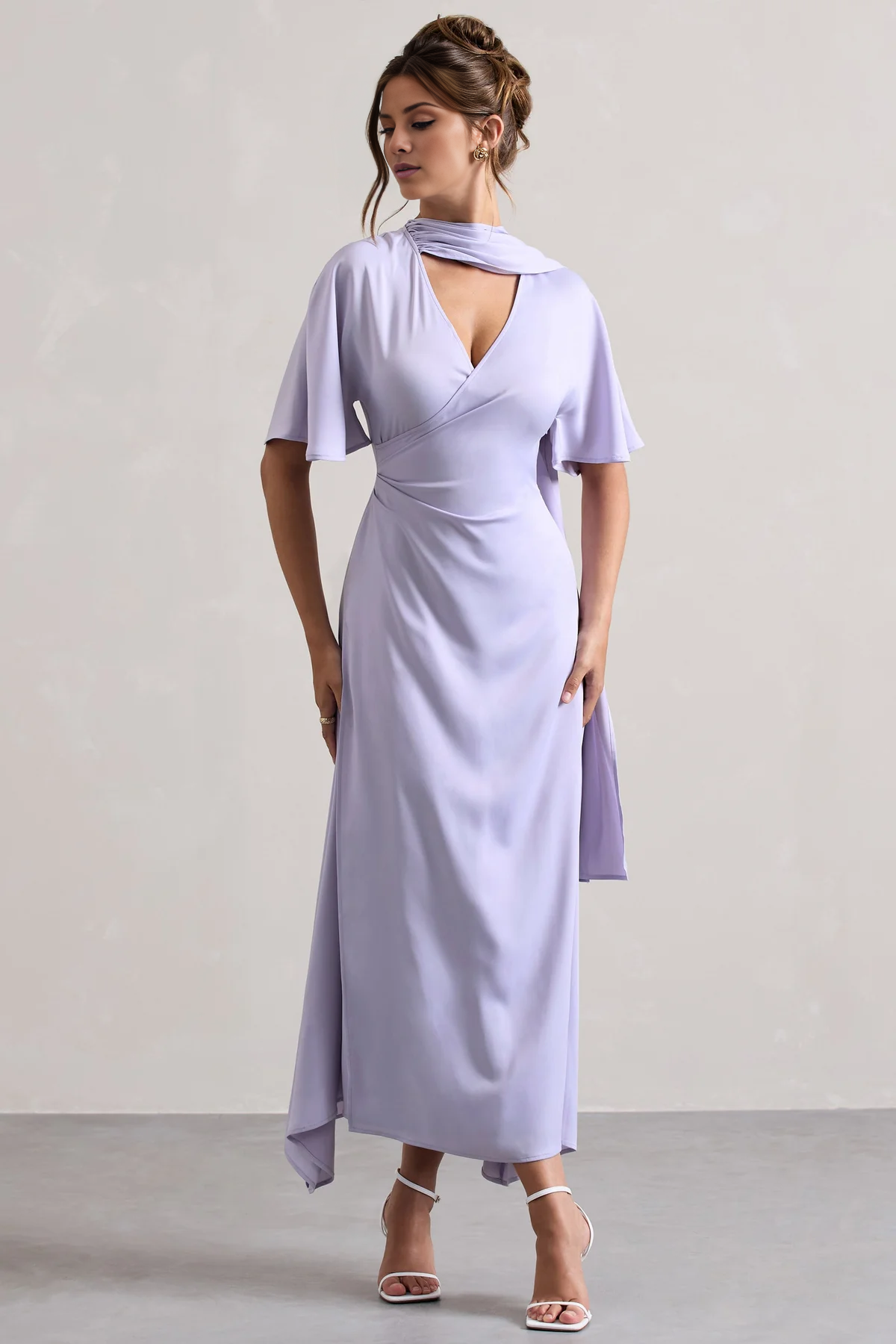 Vestido de noche largo con escote en V y mangas asimétricas de hoja de loto - Vestido jimiss 