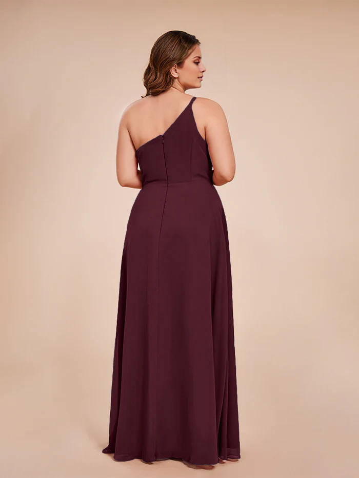 Plus size one shoulder side slit chiffon bridesmaid dress
