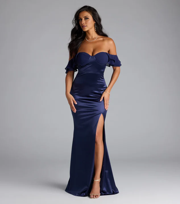 Jimiss heart-shaped neckline satin side slit backless and floor length Prom dress