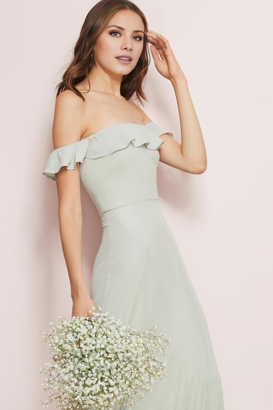 Sage Green A-Line Floor-Length Chiffon Bridesmaid Dress with Off-the-Shoulder Ruffle Neckline