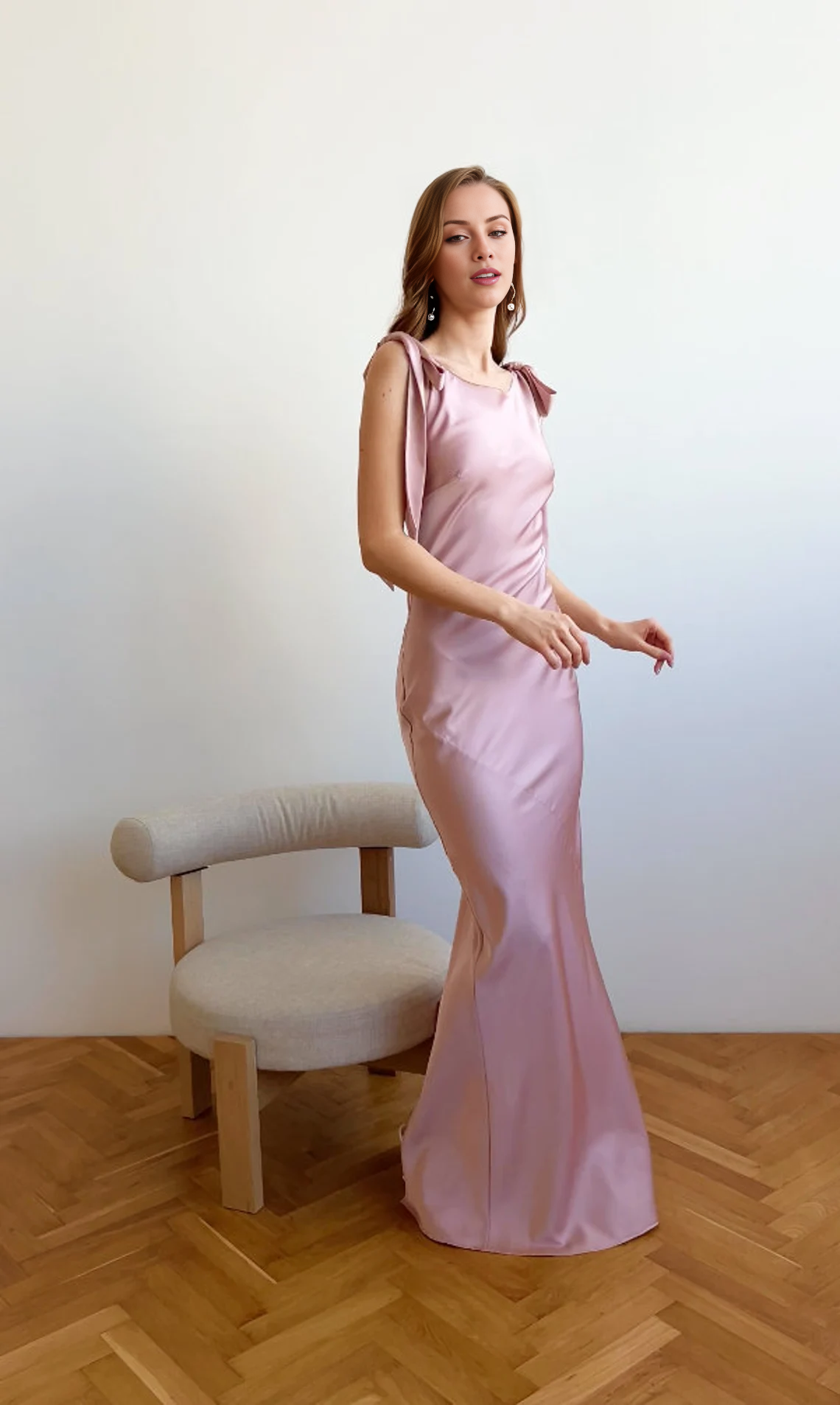 Vestido de fiesta Jimiss con escote barco, sin mangas, lazo en los hombros y largo hasta el suelo 