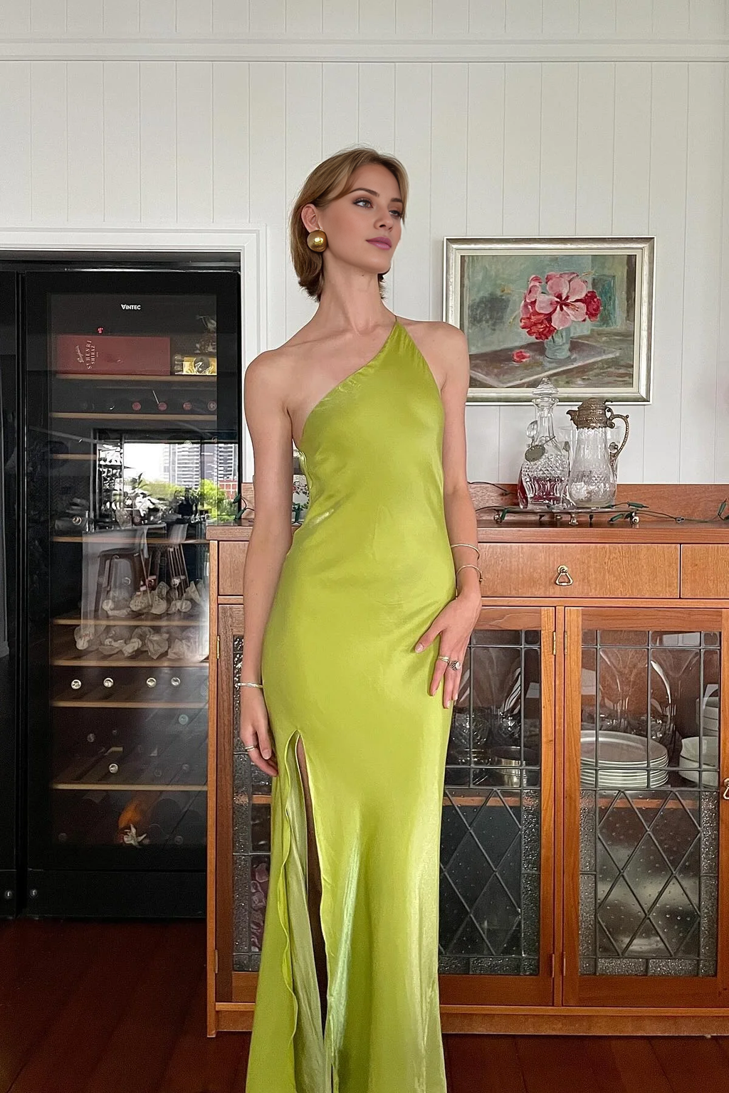 Abito da ballo lungo verde chiaro con una spalla aderente Jimiss Unique
