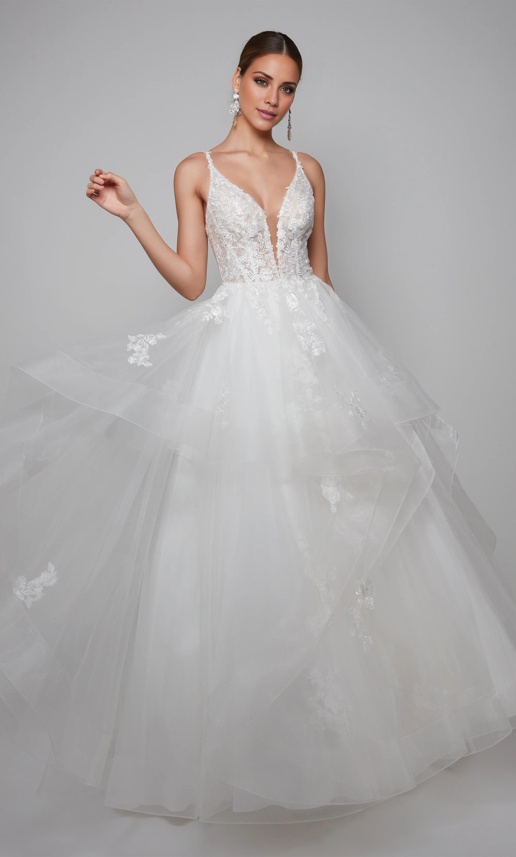Vestido de novia largo hasta el suelo con corsé transparente ajustado y escote en V profundo con encaje de gasa fina y espalda atada