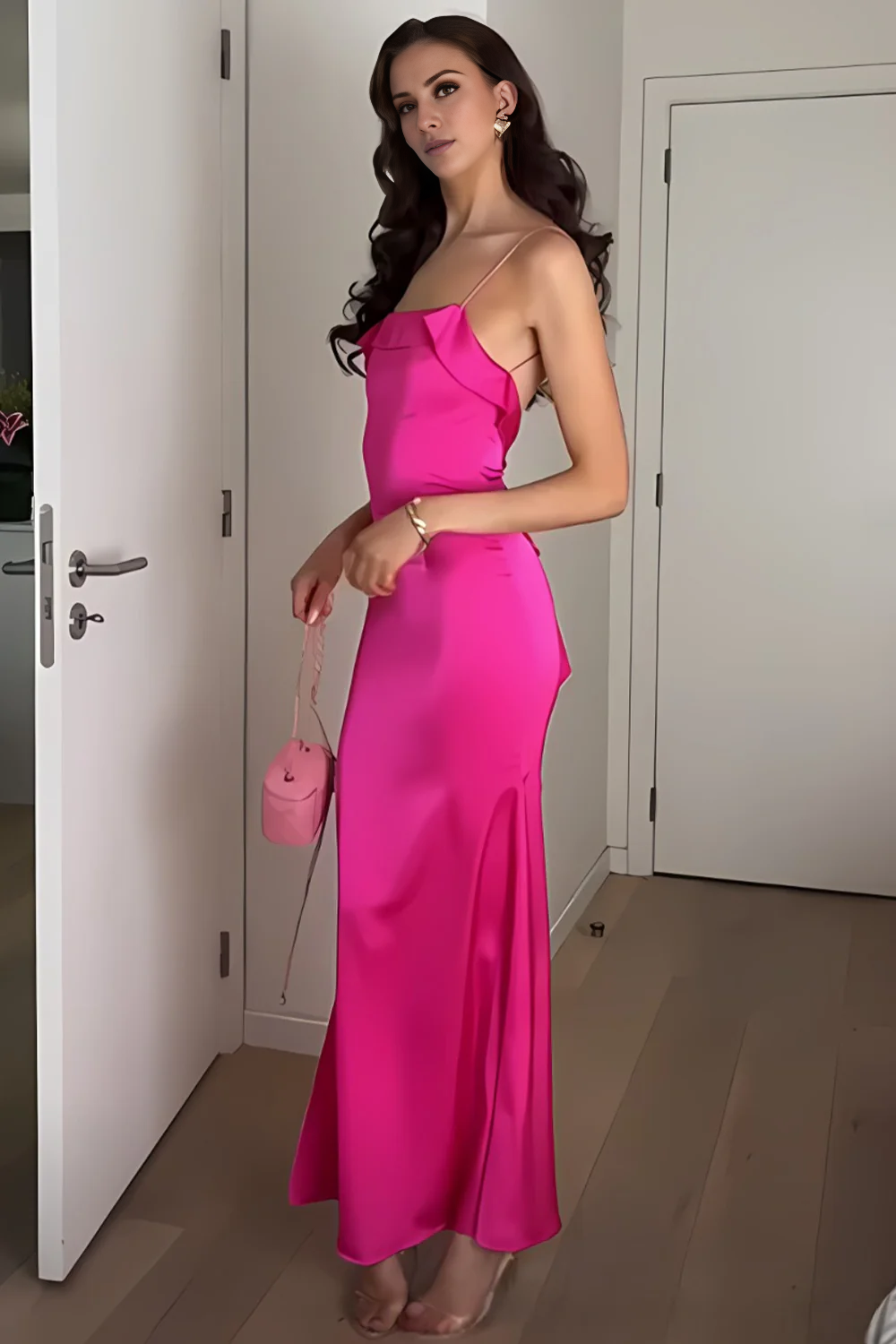 Vestido de fiesta largo sin espalda, morado, rojo y encantador de Jimiss con tirantes finos y ajustados