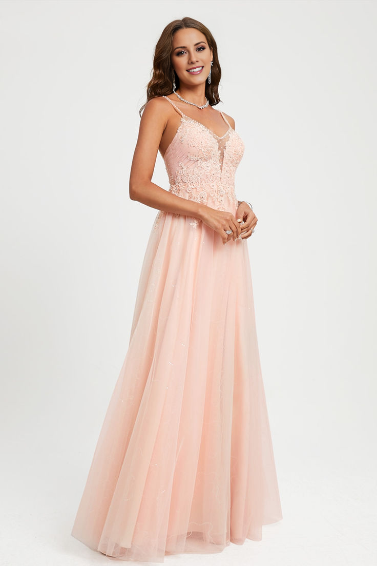 Blushing Pink Lace & Tulle A-Line Floor-Length Gown with V-Neck and High Slit