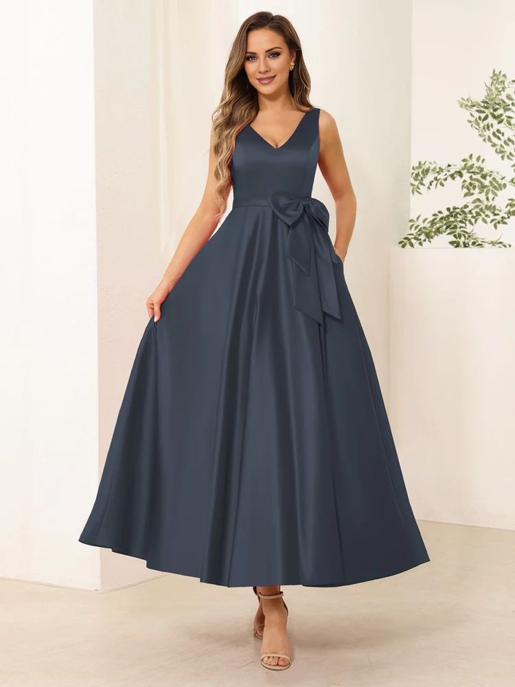 Dark Navy Satin A-Line Tea-Length Bridesmaid Dress with V-Neck and Waist Bow
