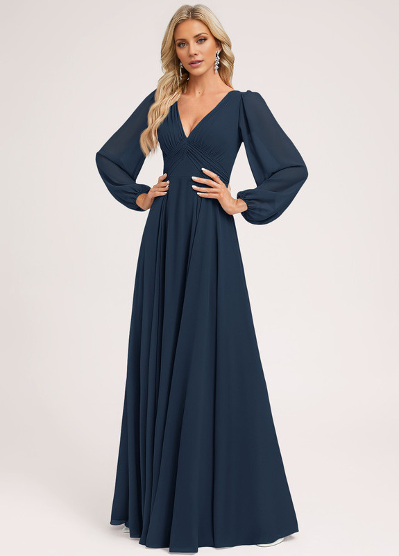 Abito da damigella d'onore in chiffon lungo fino al pavimento, con scollo a V e linea ad A