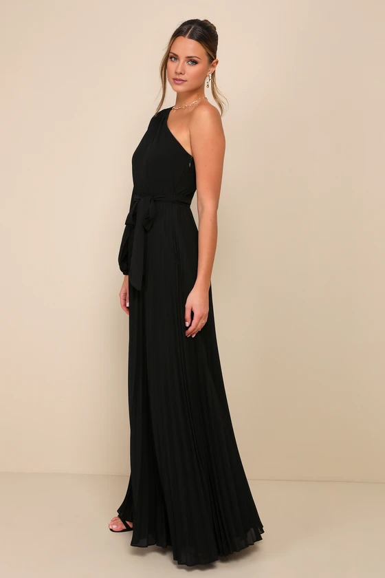 Black Chiffon One Shoulder A-Line Floor-Length Dress with Pleated Skirt