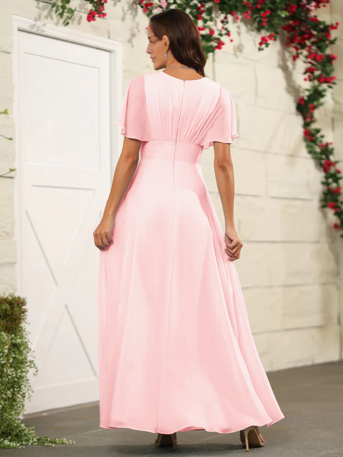 Chiffon short sleeved V-neck slit and floor length bridesmaid dress