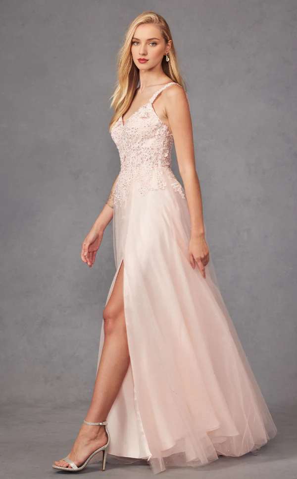 Vestido de fiesta largo hasta el suelo con escote en V, espalda descubierta, encaje, calcomanía, abertura lateral transparente y tirantes finos