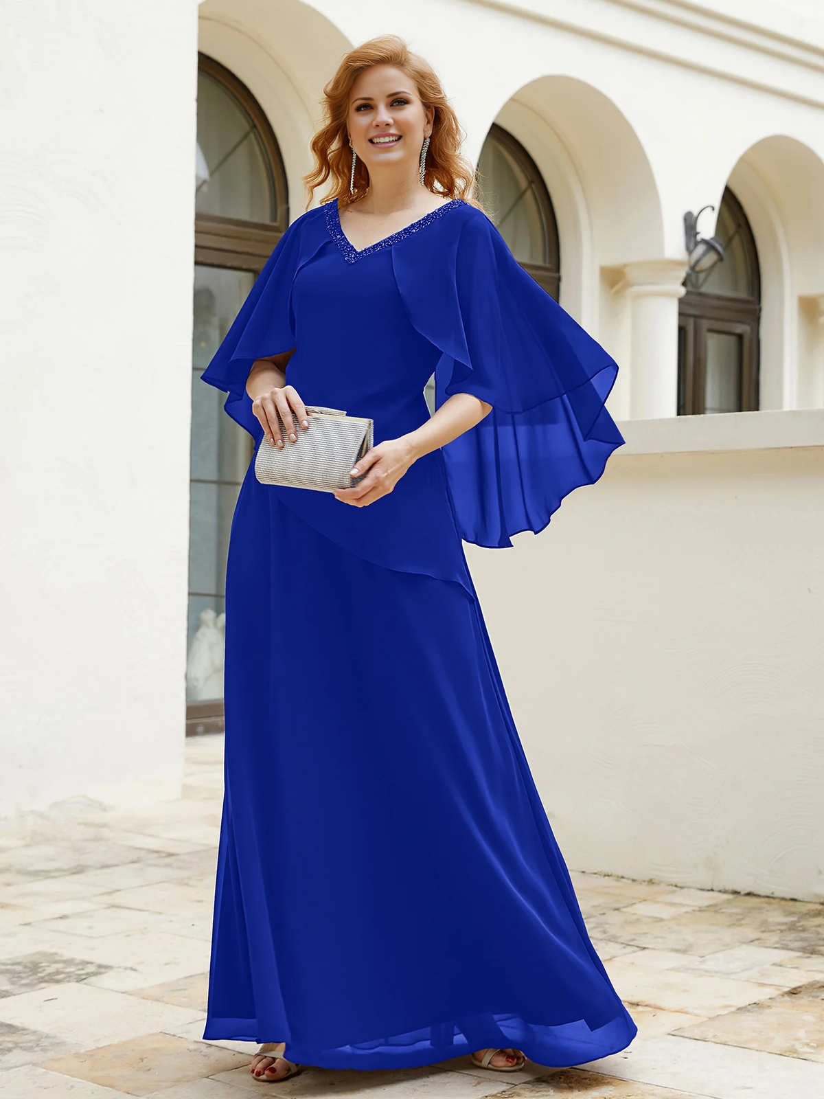 Purple Chiffon A-Line Floor-Length Dress with Beaded V-Neckline