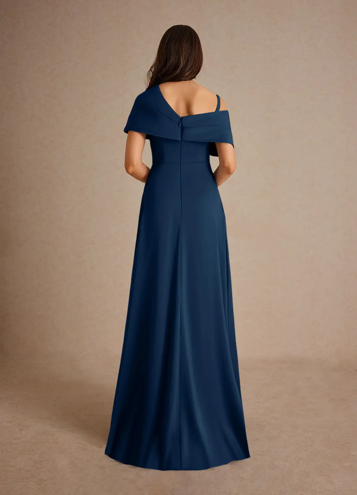 Dark Navy Crepe A-Line Off-the-Shoulder Floor-Length Bridesmaid Dress