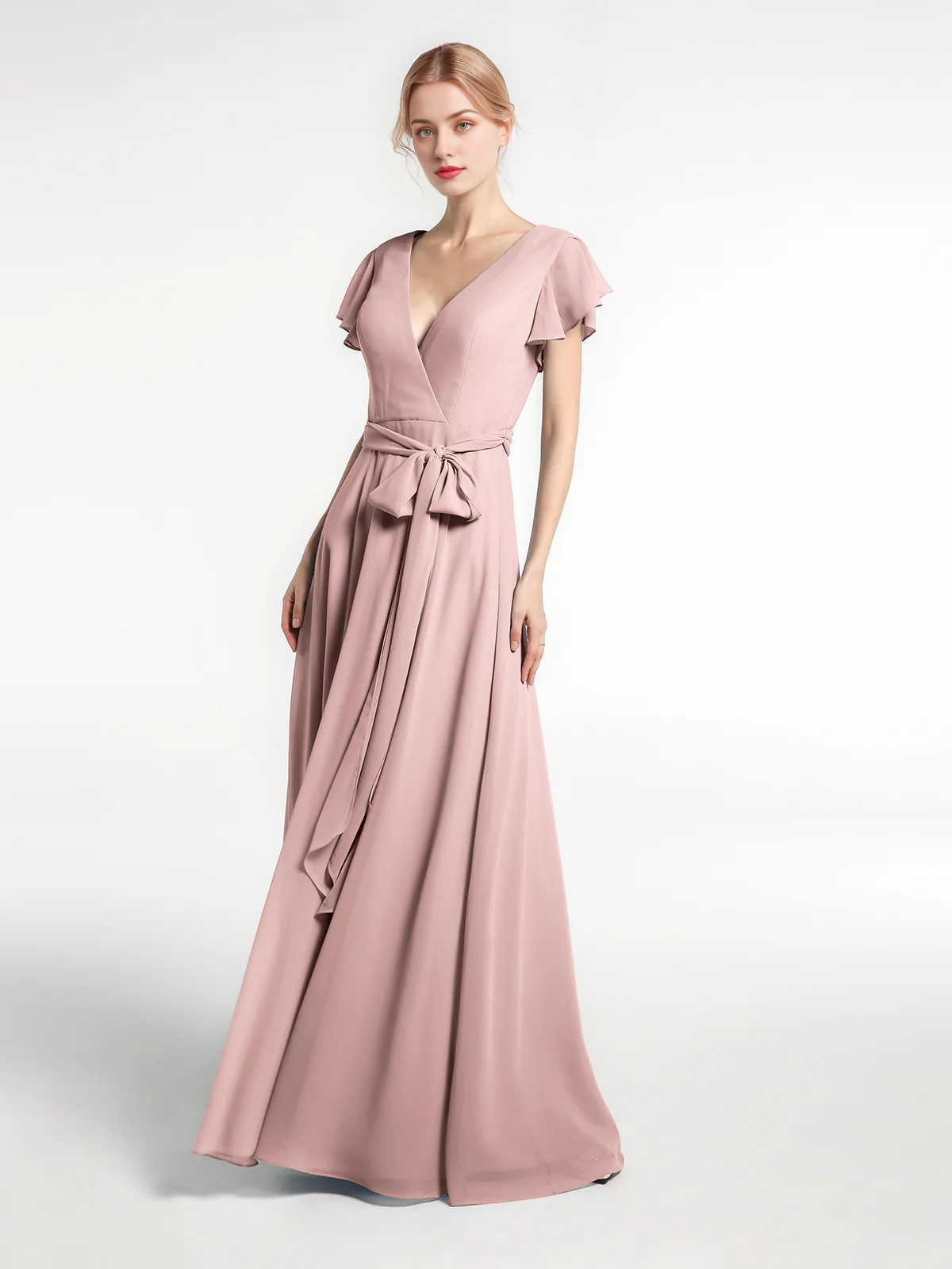 Vestido de gasa con cuello en V, capucha, mangas y lazo