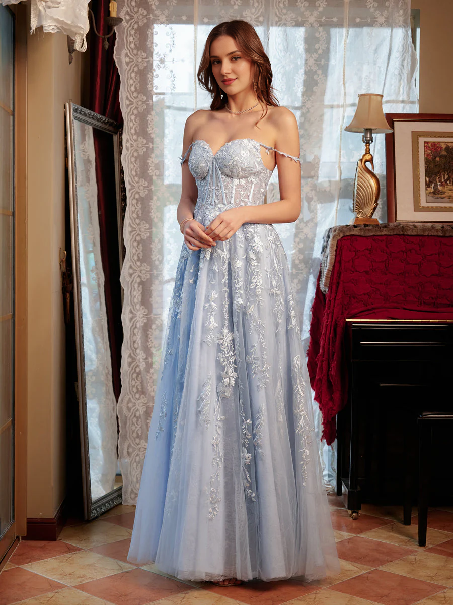 Dusty Blue Tulle A-Line Floor-Length Evening Dress with Floral Embroidery
