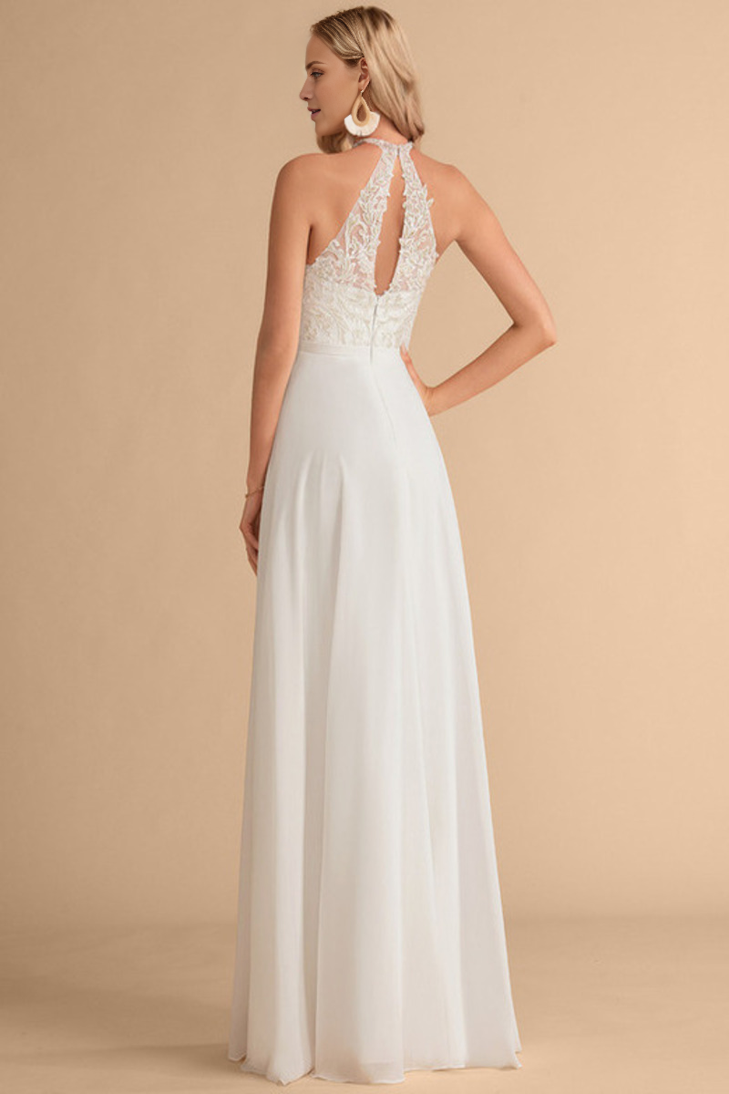 Ivory Chiffon A-Line Floor-Length Dress with Halter Neckline & Lace Bodice