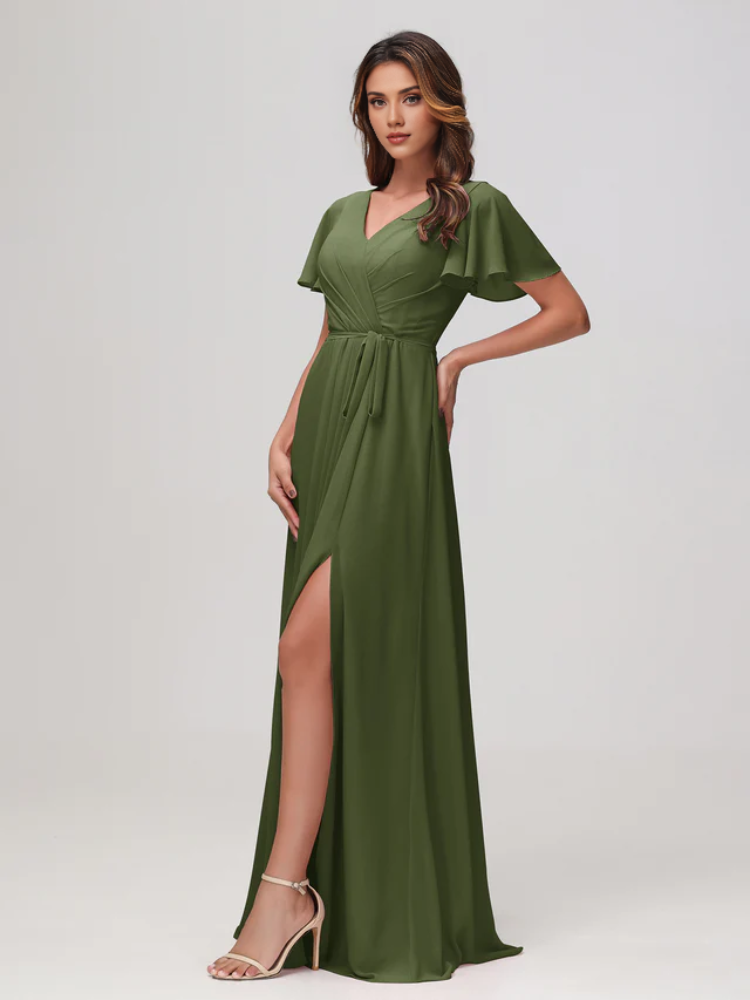Olive Green Chiffon A-Line Floor-Length Dress with V-Neck, Pleated Bodice & Flutter Sleeves - Jimiss