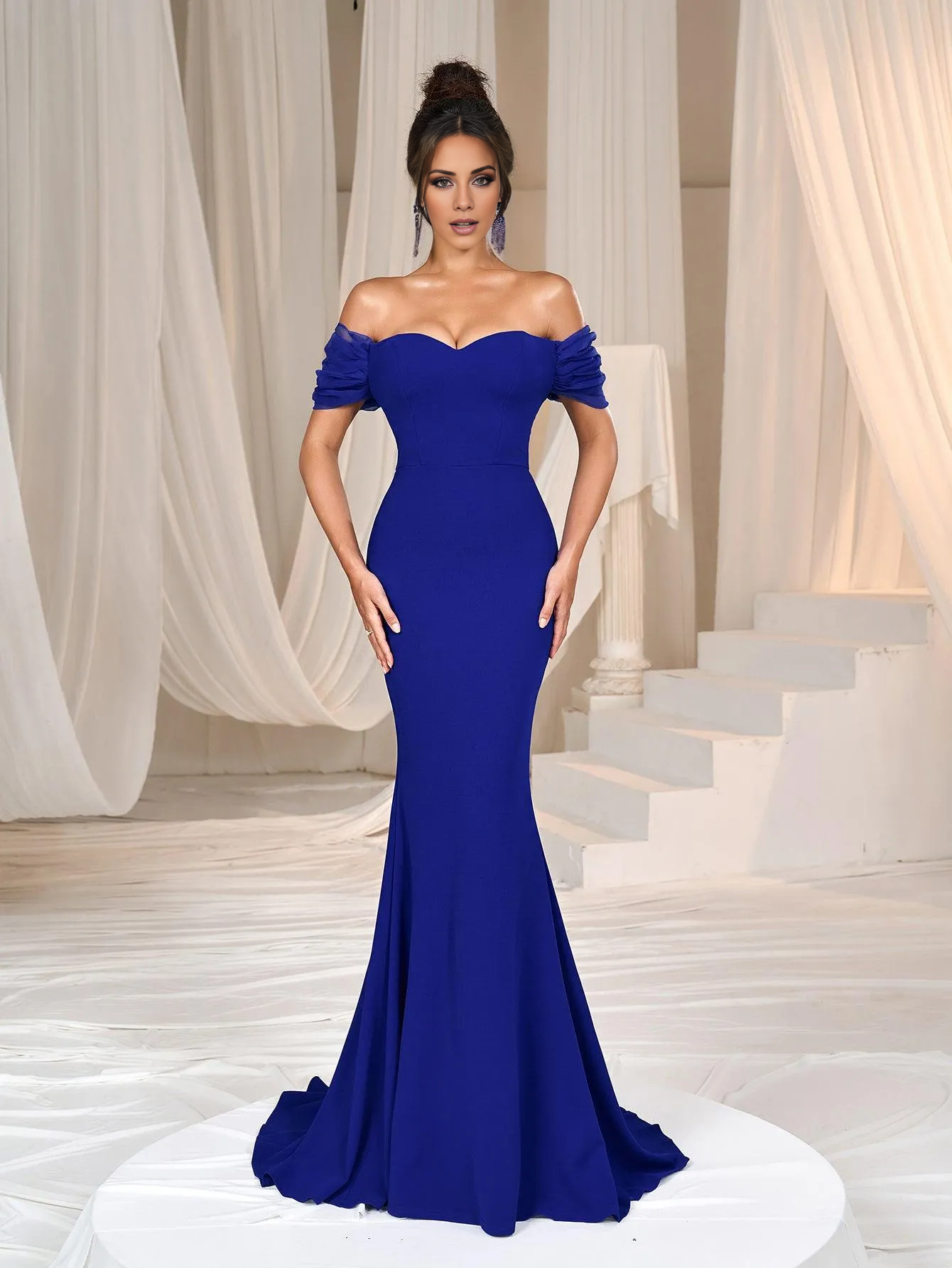Mermaid off shoulder collar backless and floor length formal dress